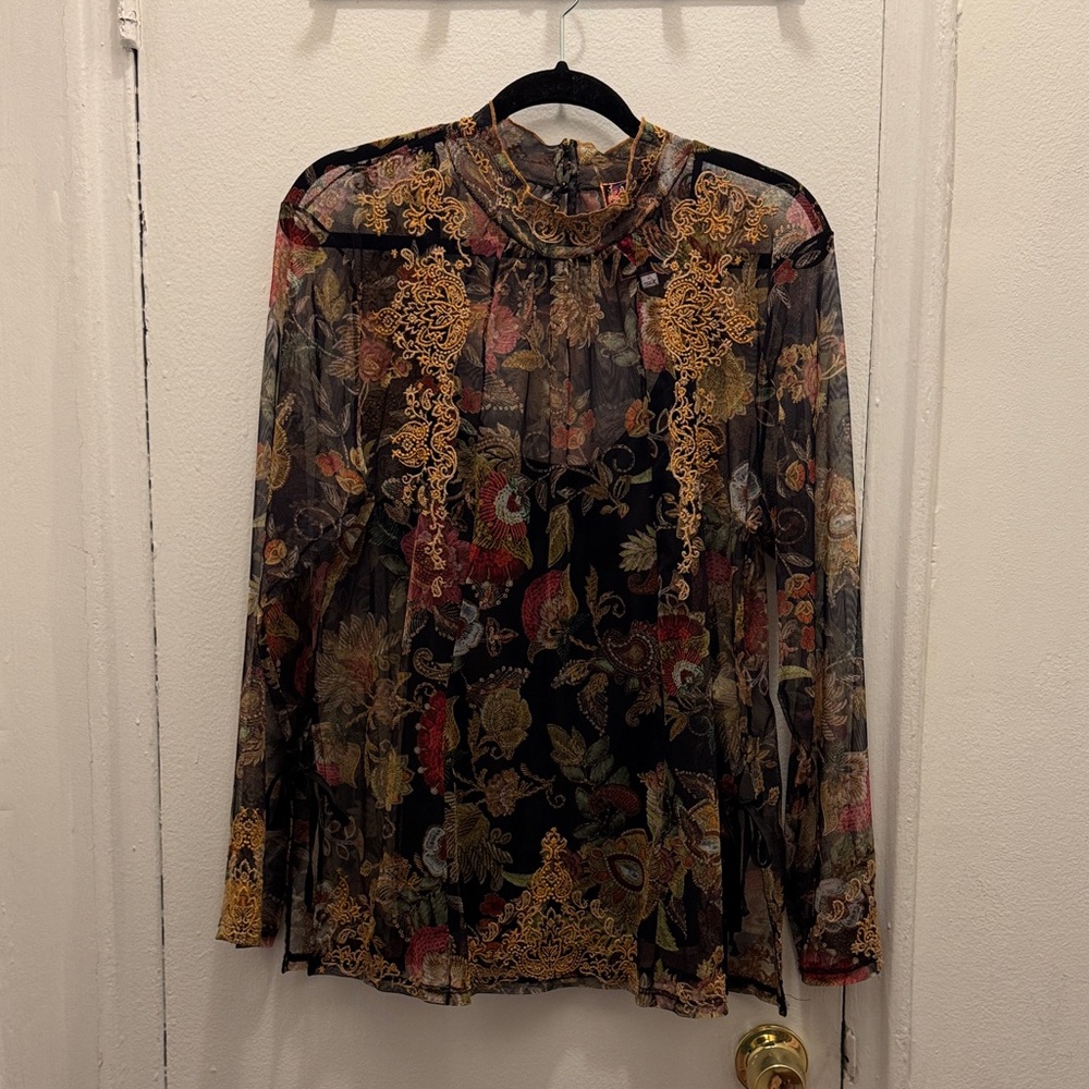 Johnny Was Mesh Embroidered Blouse